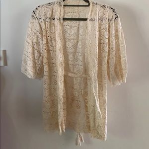 Boho Vintage Cream Crochet Open Front Cardigan